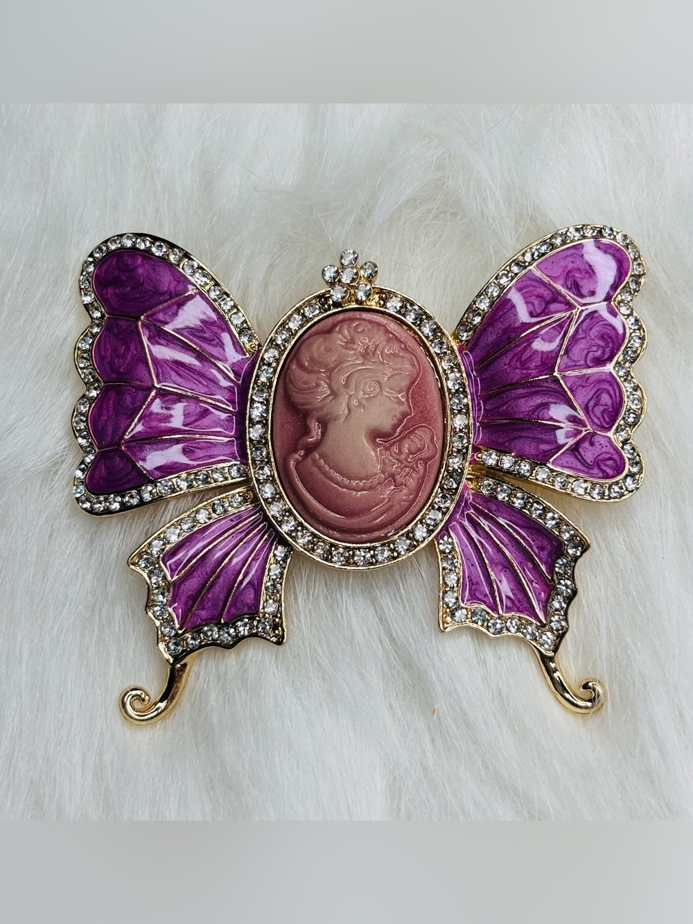 Large Purple Butterfly Cameo Brooch Rhinestone Gold Tone Statement Pin